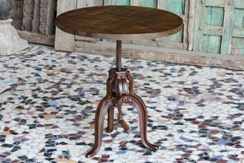Okrągły loftowy stolik o zmiennej wysokości - metal i drewno ezgzotyczne - meble indyjskie Orange Tree